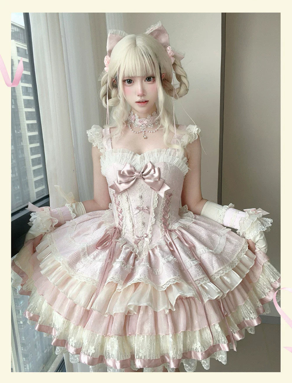 Lotus Crossing - Sweet Lolita Tiered Hem JSK Dress with Satin Bow and Accessories - image 2