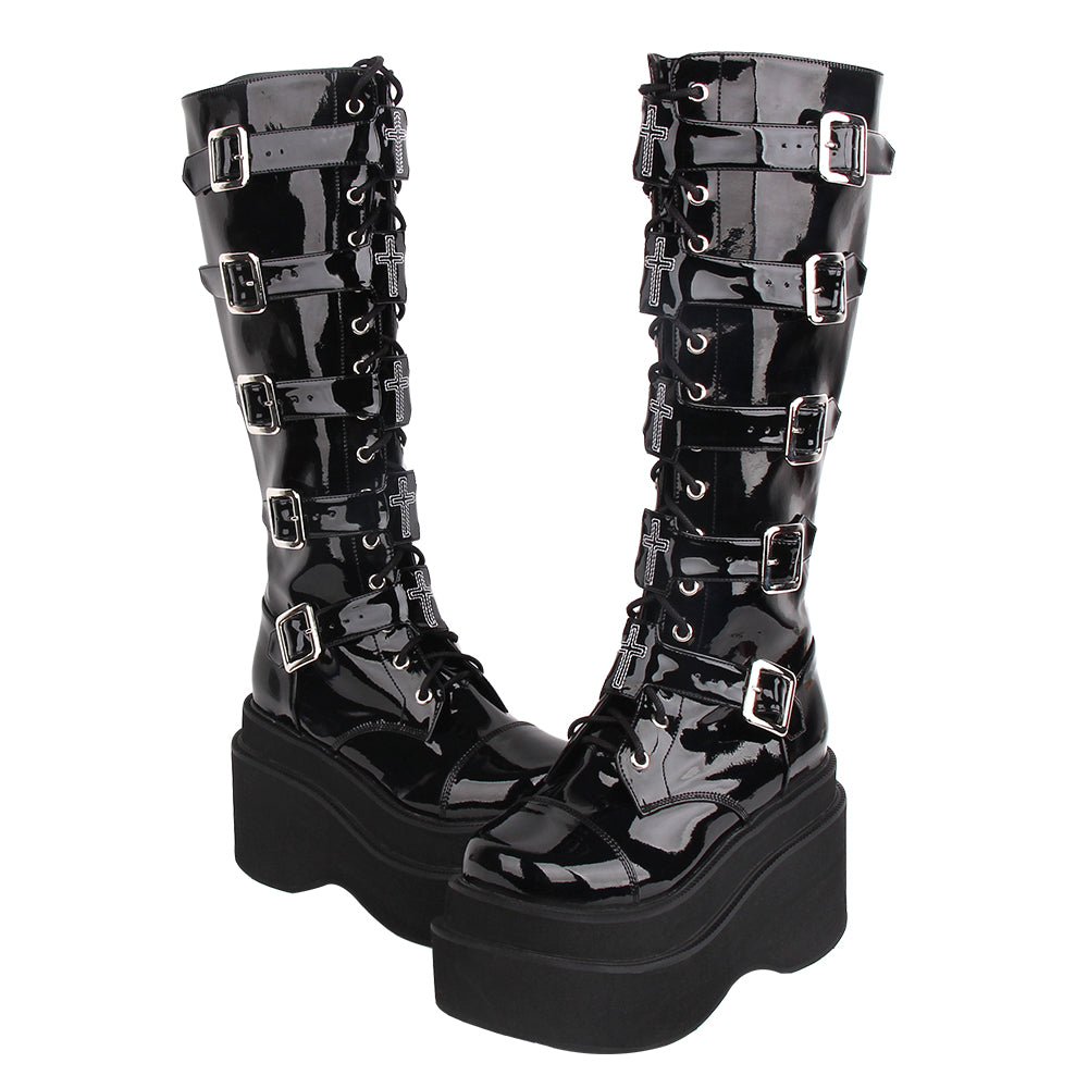 J-fashion Punk Lolita Classic Black High Boots - image 2