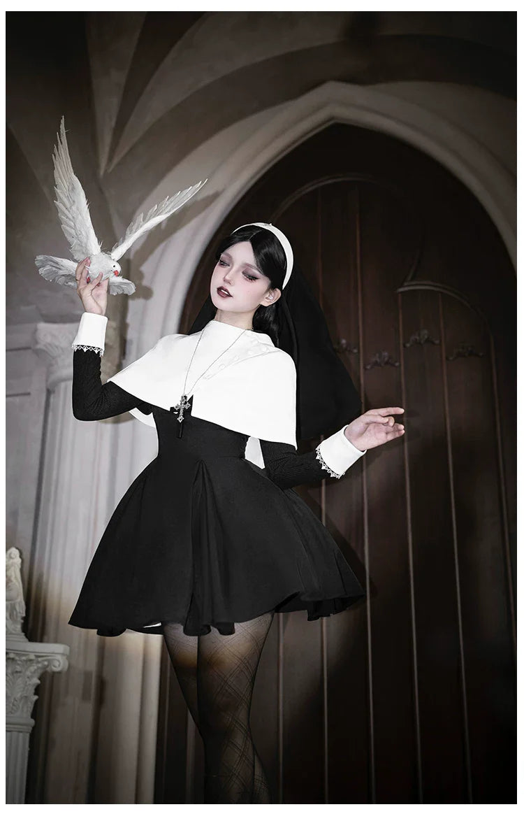 Nihil - Gothic Nun Lolita OP Dress, Irregular Hem Cape and Accessories - image 41