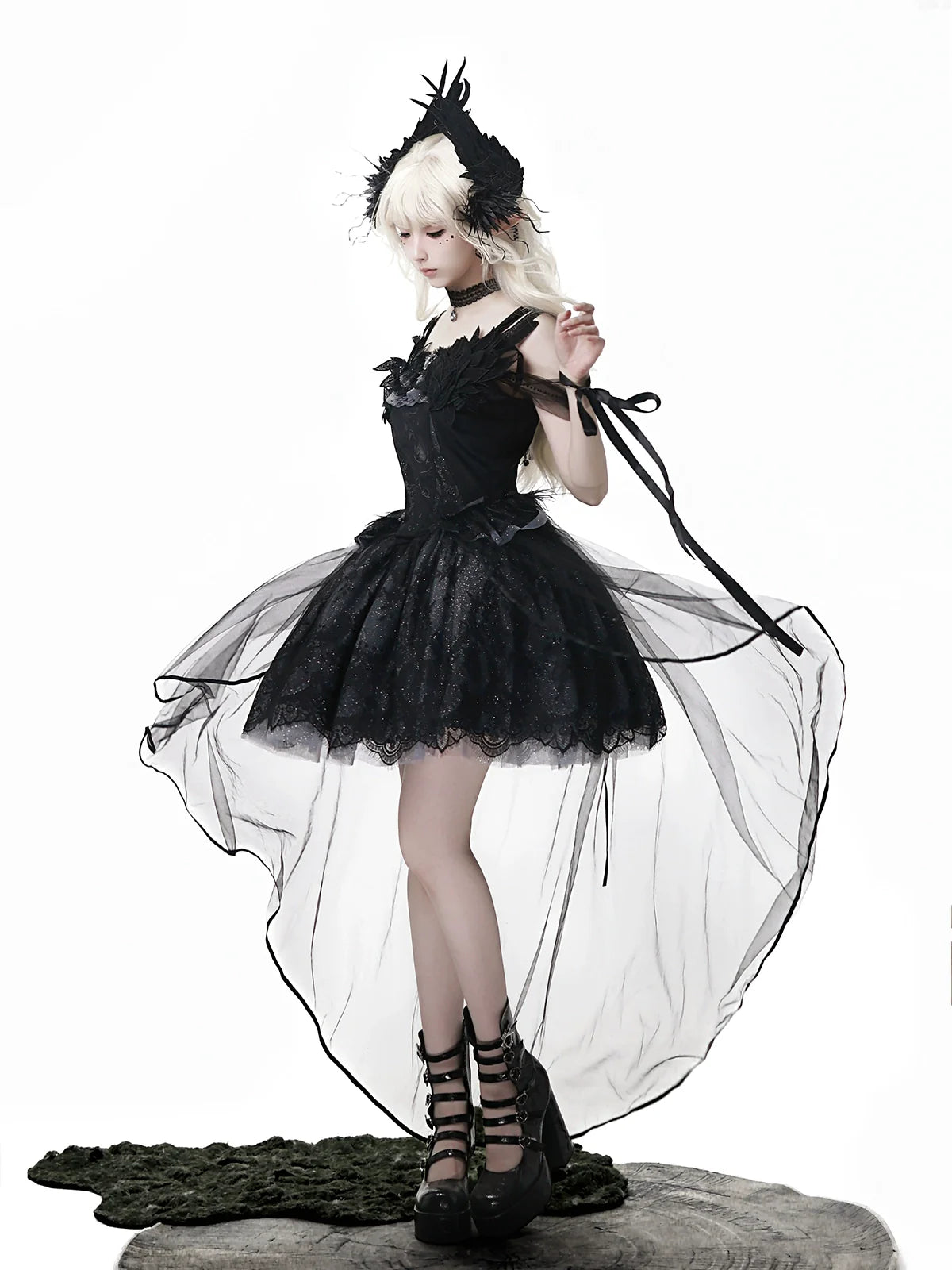 Star Swan Dream - Black Gothic Lolita JSK Dress, Swan Embroidery - image 14