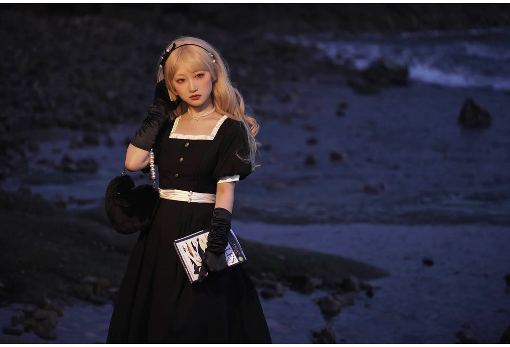 Thoughts - Vintage Black Lolita OP Dress with Square Neckline - image 23