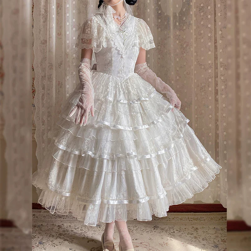 Morning Dew Lily - White Classic Lolita OP Dress, Tiered Skirt - image 6