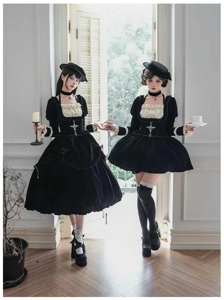 Apocalypse - Gothic Lolita Velvet OP Dress Set, Fishbone Waist - image 6