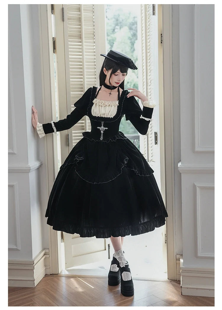 Apocalypse - Gothic Lolita Velvet OP Dress Set, Fishbone Waist - image 23