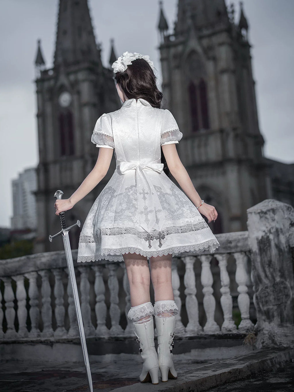 White Classic Lolita Printed OP Dress with Cross - image 2