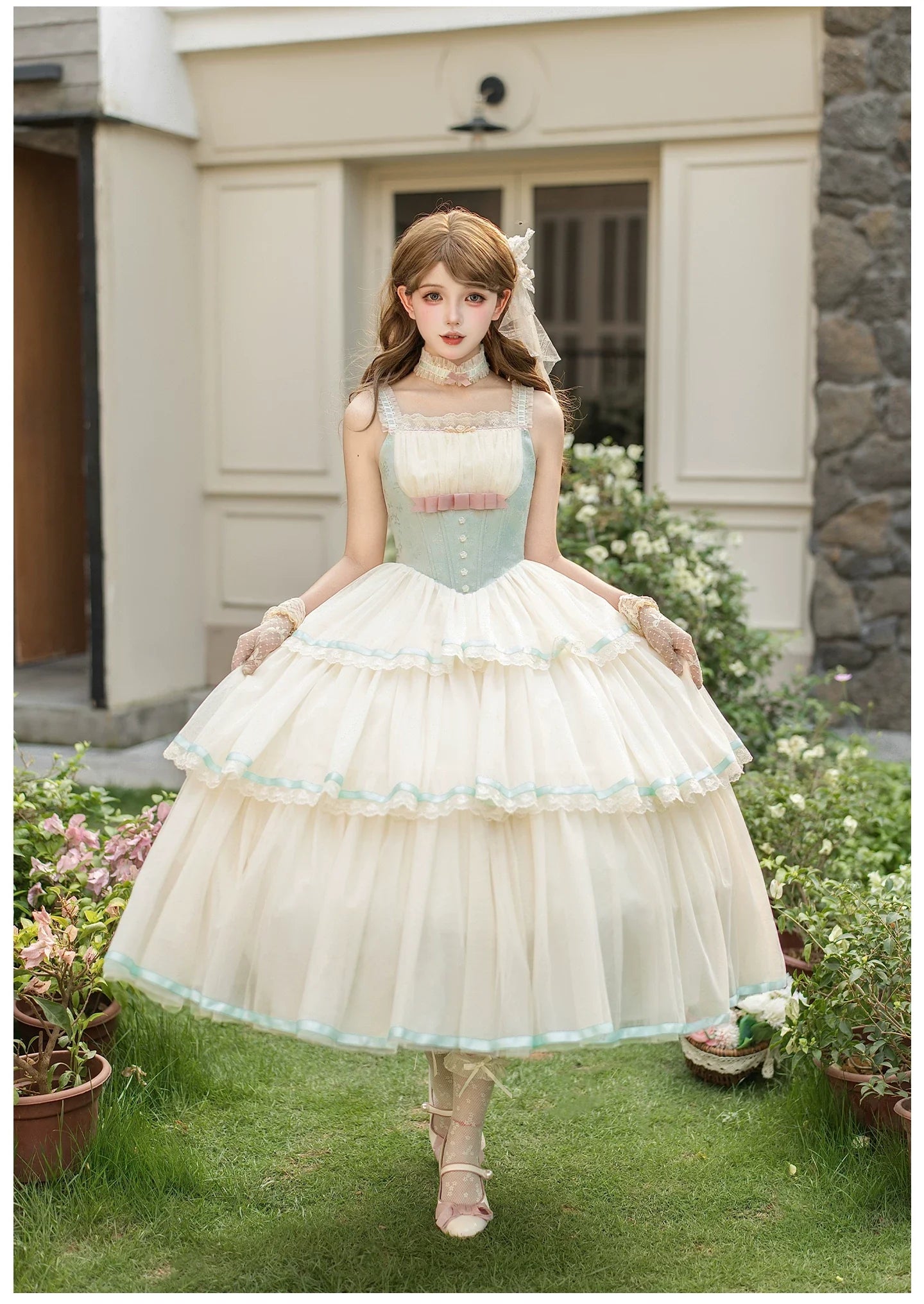 Sea Salt Soda - Classic Lolita Adjustable Corset JSK Dress, Tiered Tulle Hem - image 5