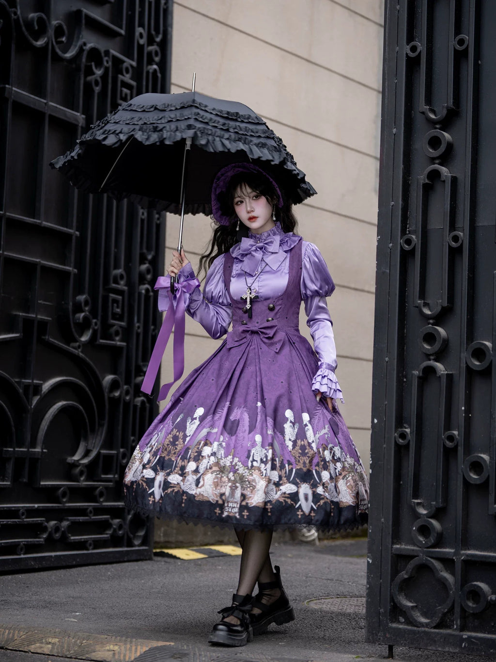 Dragon Bone Lily - Vintage Gothic Lolita Dragon & Skeleton Print JSK Dress and Accessories - image 25