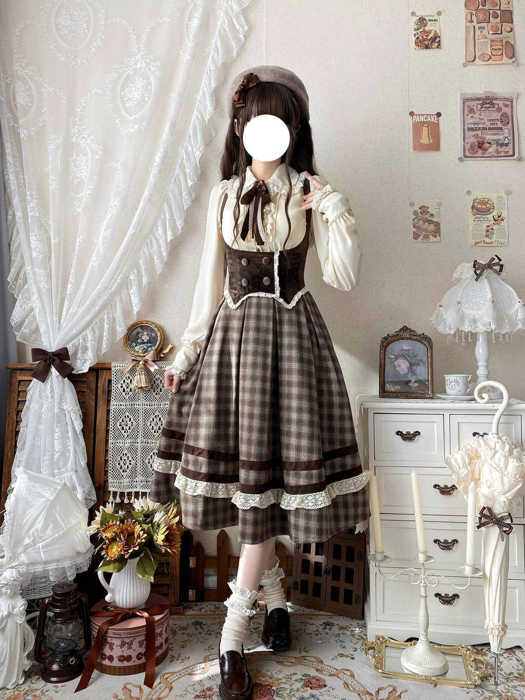 Chestnut Autumn - Plaid Classic Lolita JSK, Bust Supporting and Accessories - image 7