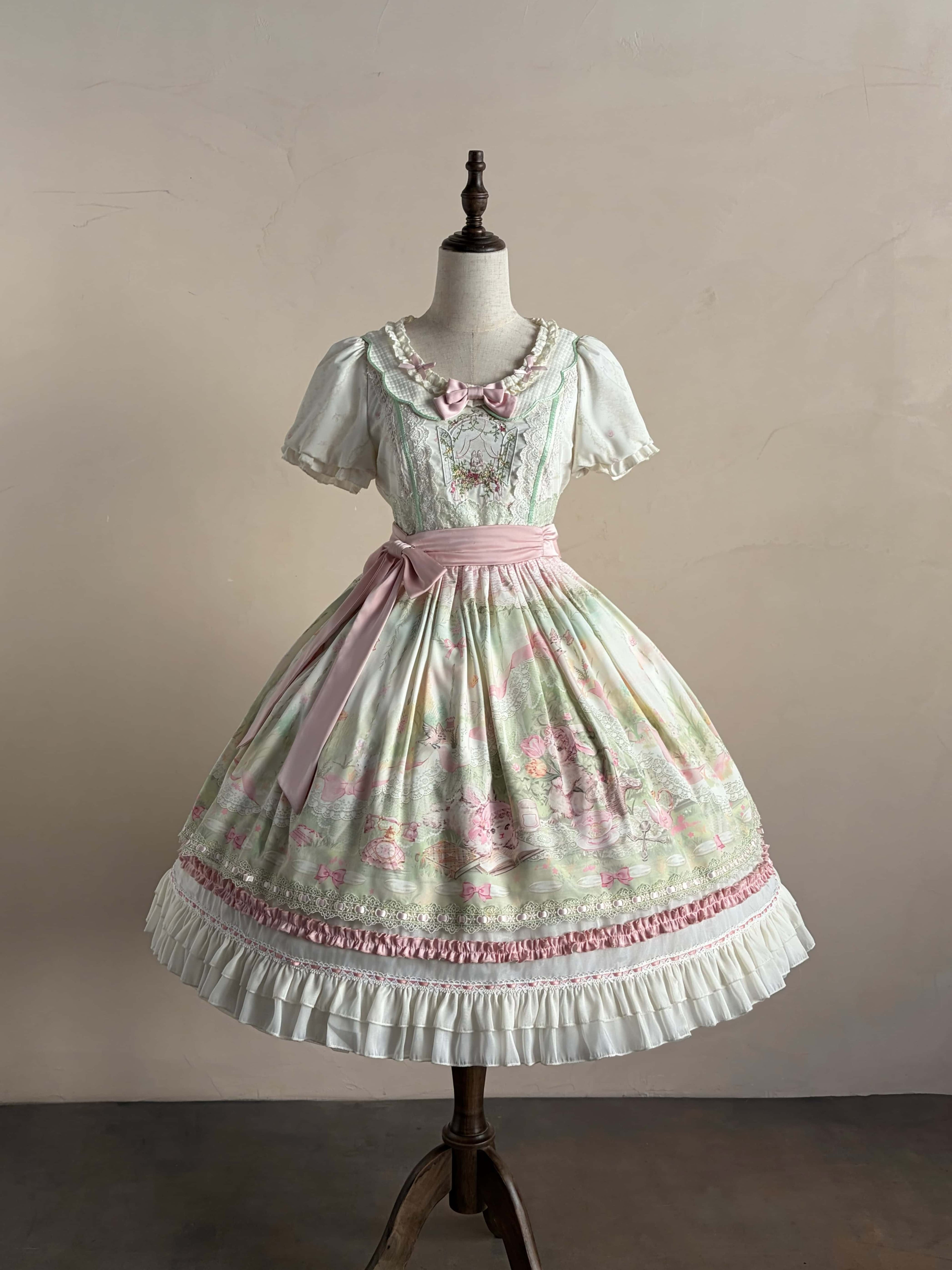 Bamboo Rabbit Pink Green Bunny Floral Print Bow Classic Lolita OP Dress and Accessories - image 8