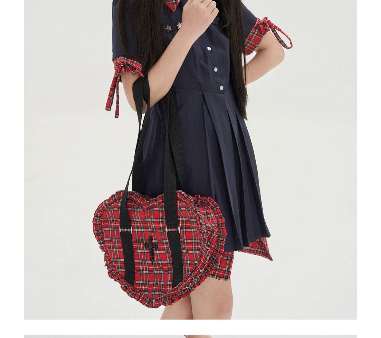 Vintage Lolita Heart Shaped Plaid Dot Print JK Uniform Bag - image 30