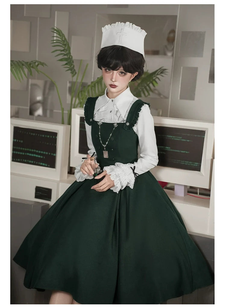 Abyss Clinic - Gothic Lolita Green Dress Set, Embroidery Accent - image 35