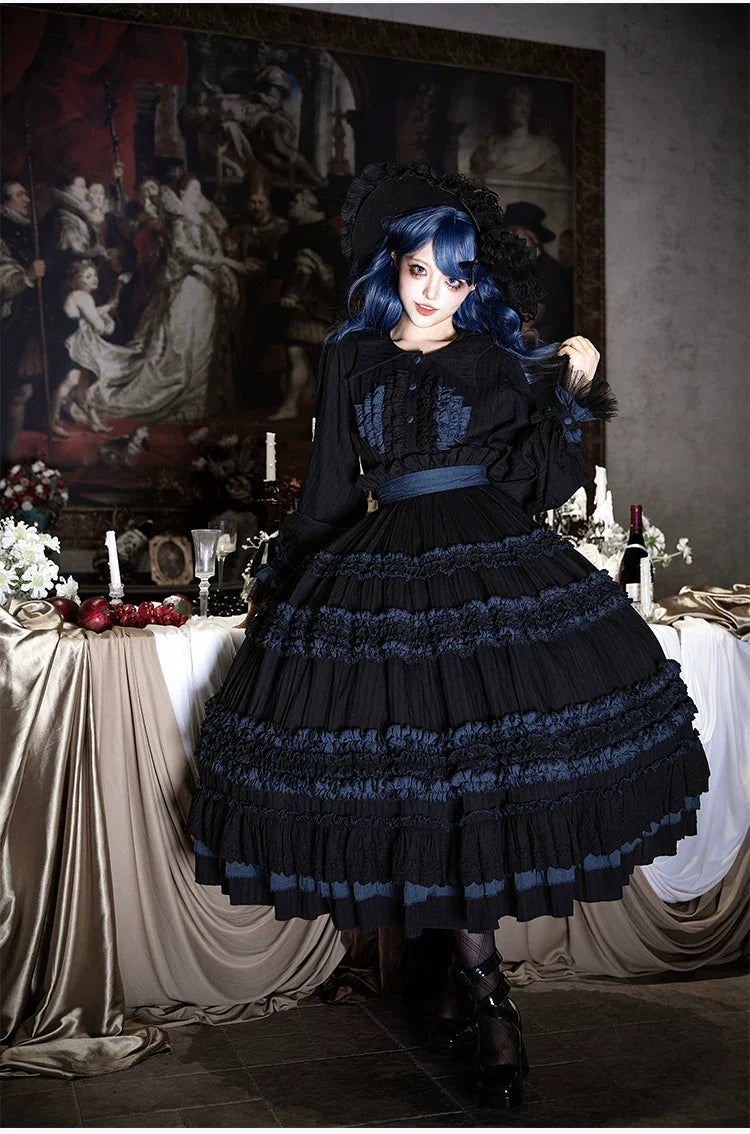 Wings and Bouquet - Dark Classic Lolita Blouse and SK Set, Layered Blue Ruffles - image 9
