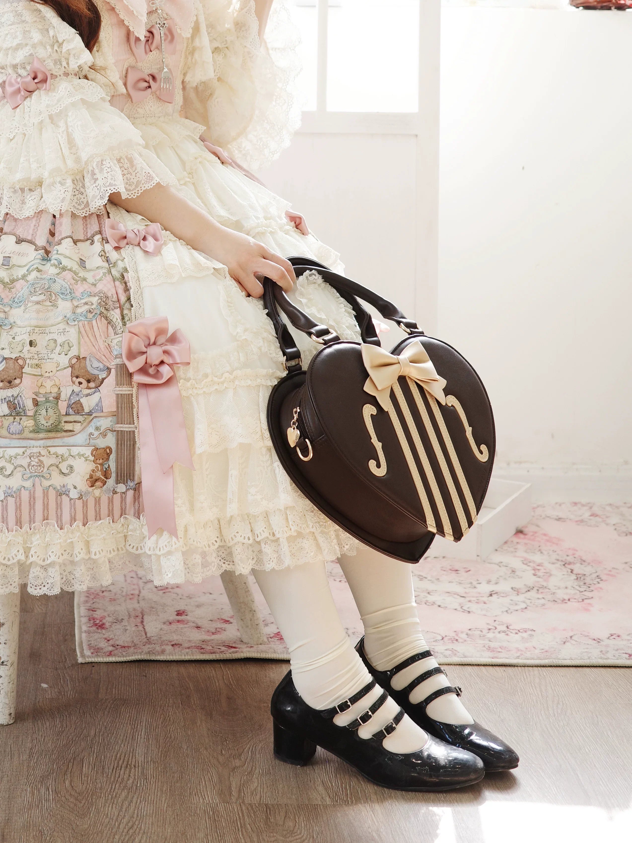 Heart of Violin - PU Classic Lolita Heart Shaped Bag, Violin and Bow Detail - image 10