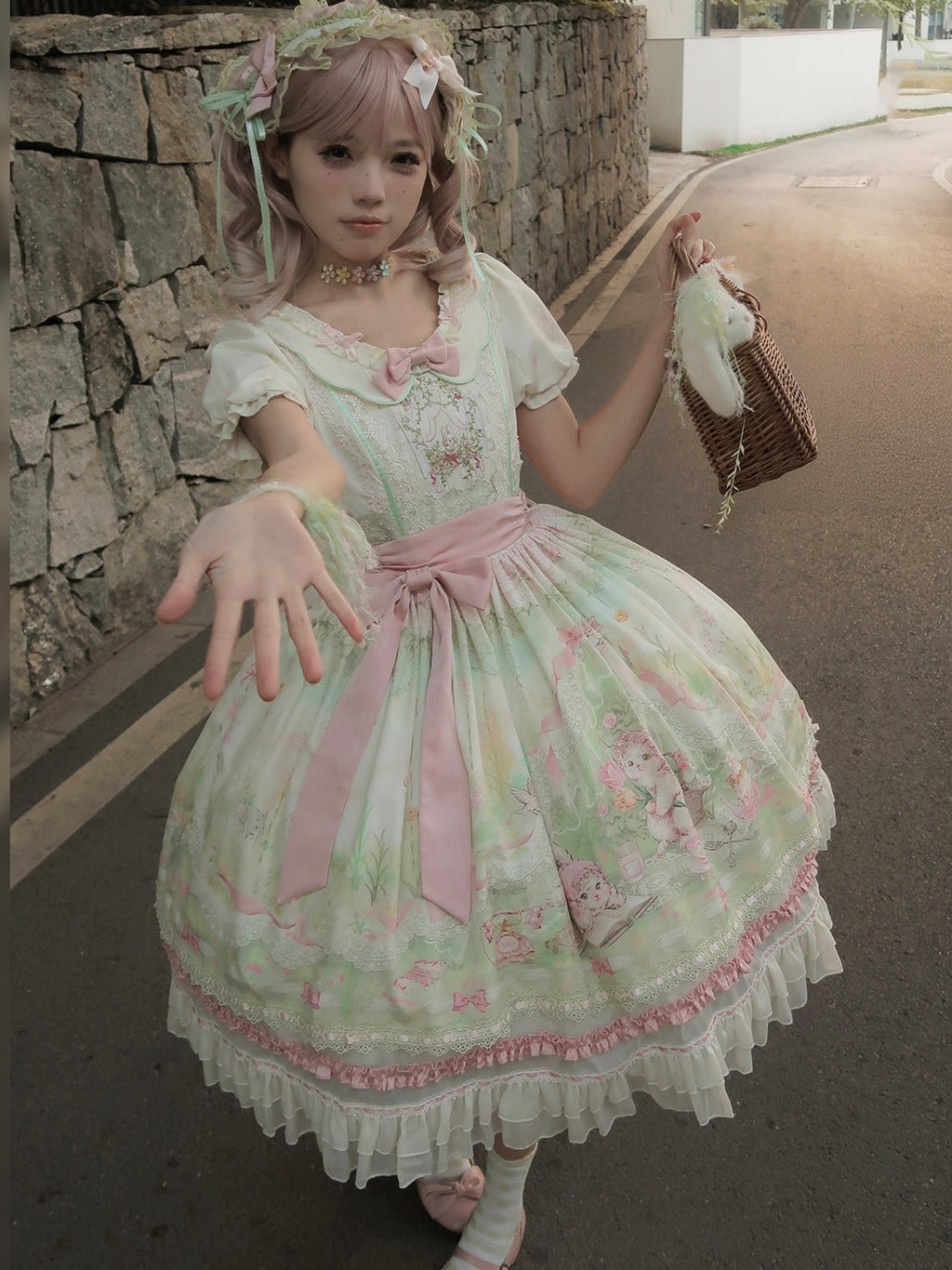 Bamboo Rabbit Pink Green Bunny Floral Print Bow Classic Lolita OP Dress and Accessories - image 6