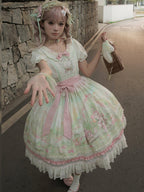 Bamboo Rabbit Pink Green Bunny Floral Print Bow Classic Lolita OP Dress and Accessories - image 6