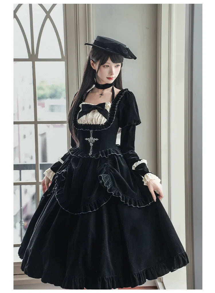 Apocalypse - Gothic Lolita Velvet OP Dress Set, Fishbone Waist - image 25