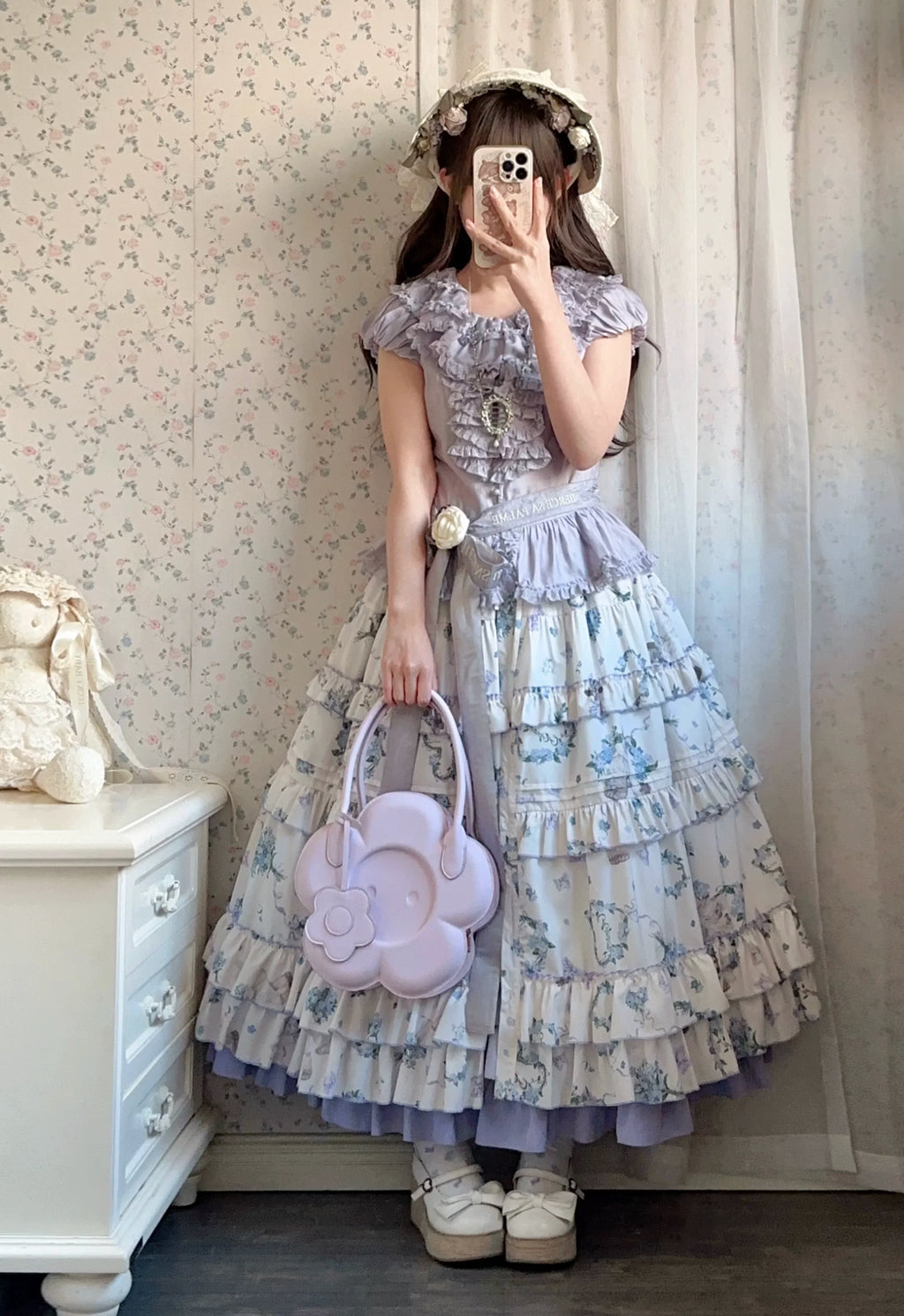 Meow Wreath - Classic Lolita Button Closure JSK Dress, Cat and Wreath Print - image 13