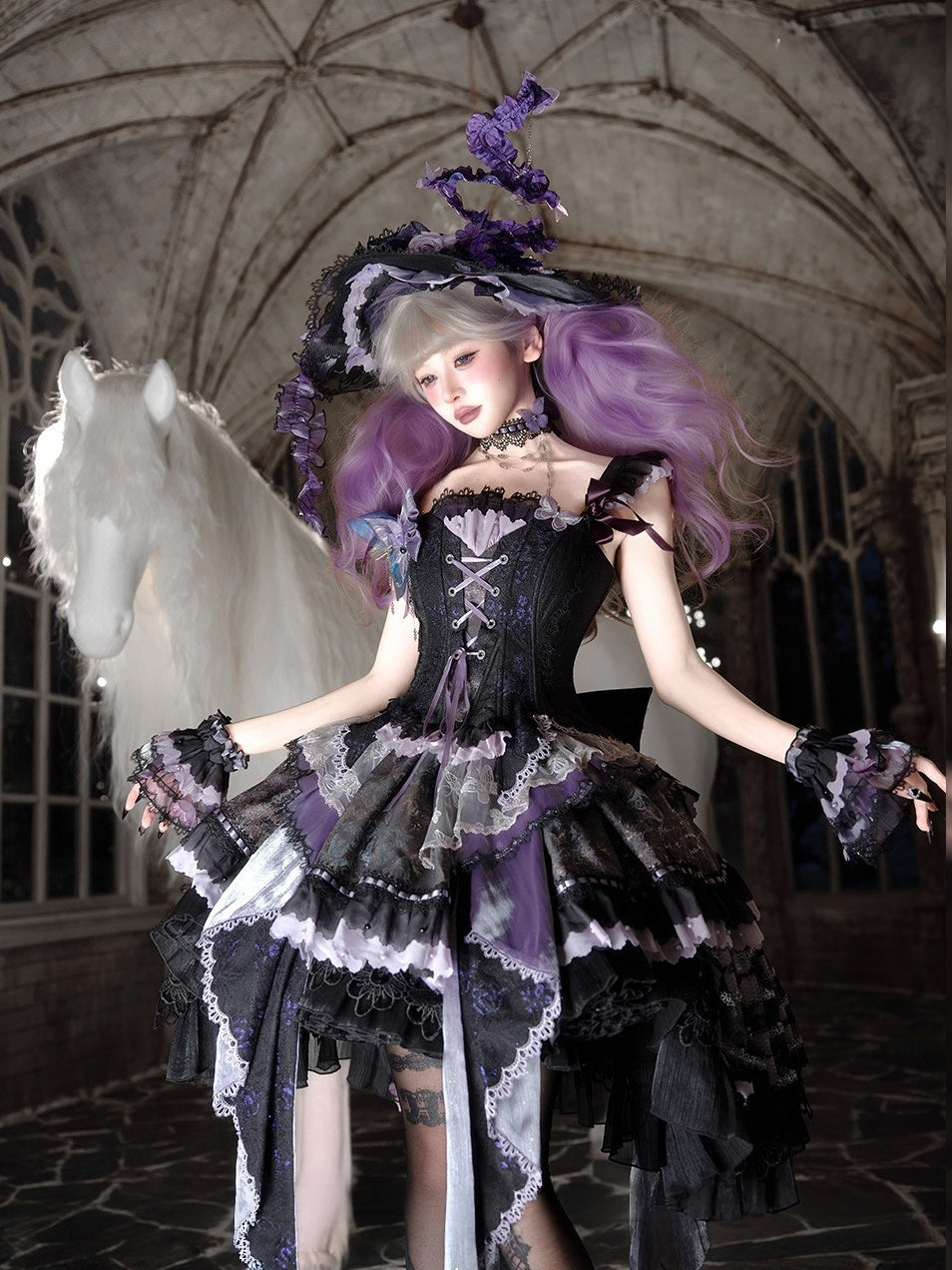 Purple Butterfly on Moonlight Night Gothic Lolita Corset Dress Set - image 9