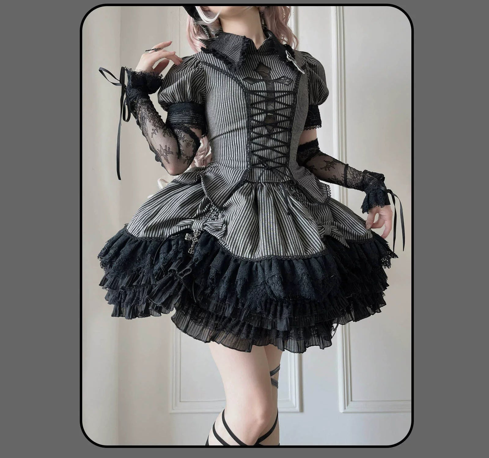 Striped Cross - Gothic Coordinated Lolita Set, Adjustable Blouse & Skirt - image 50