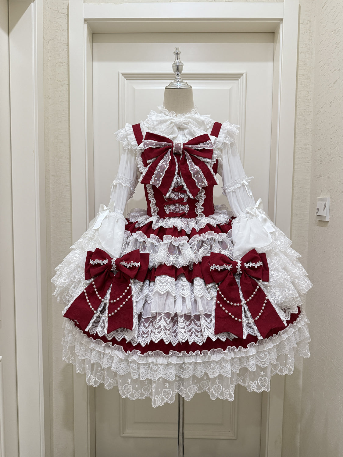 Cross Heart Knot - Sweet Lolita JSK Suit Tiered Ruffles Dress with Lace Blouse - image 17