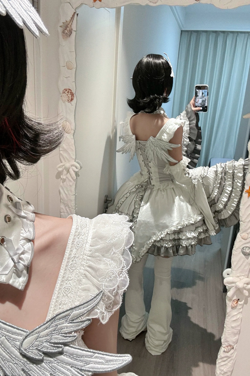 Metallic Angel - Silver-white Punk Lolita JSK, Wing and Rhinestone Details - image 11