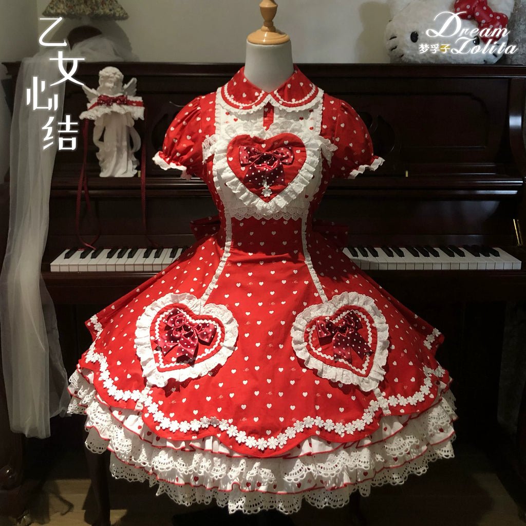 Maiden's Heart Knot - Cotton Old School Lolita Dress, Heart Polka Dot - image 5