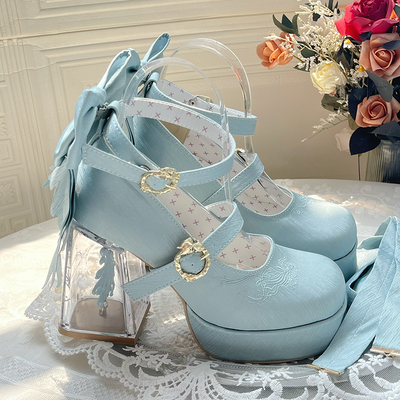 Floating Koi Land - Satin Classic Lolita Platform Shoes with Transparent Heel - image 30