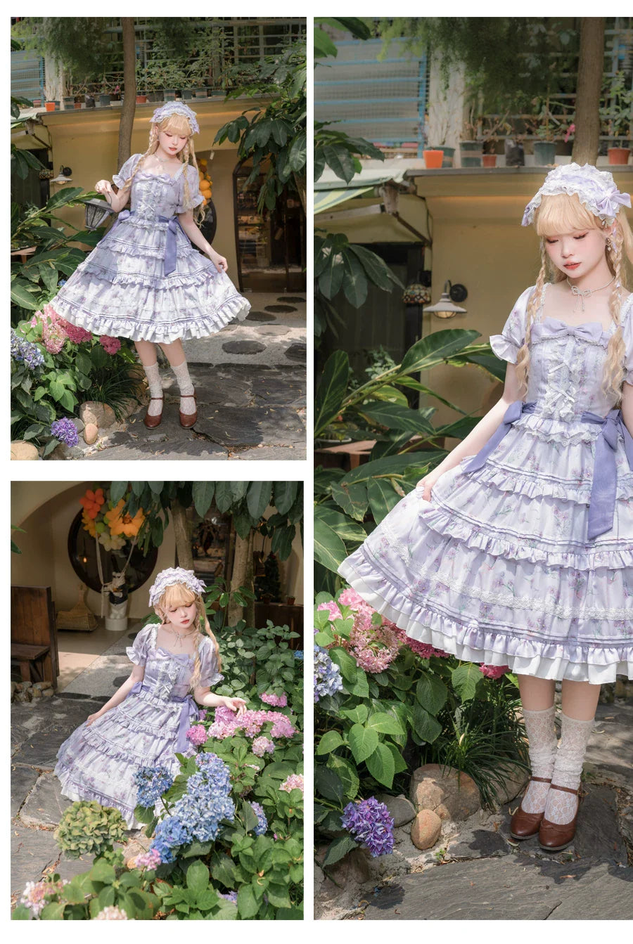 Purple Blossom Romance - Chiffon Classic Lolita OP Dress, Floral Print and Accessories - image 8