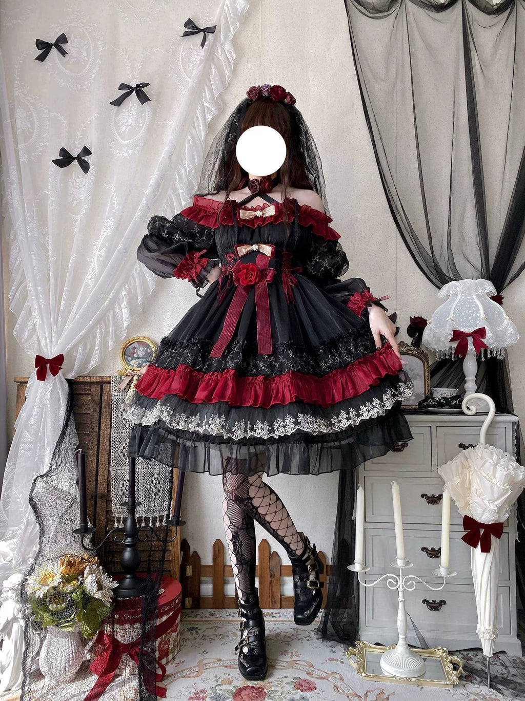 Night of Berea Gothic Lolita OP Dress in Black and Red - image 11