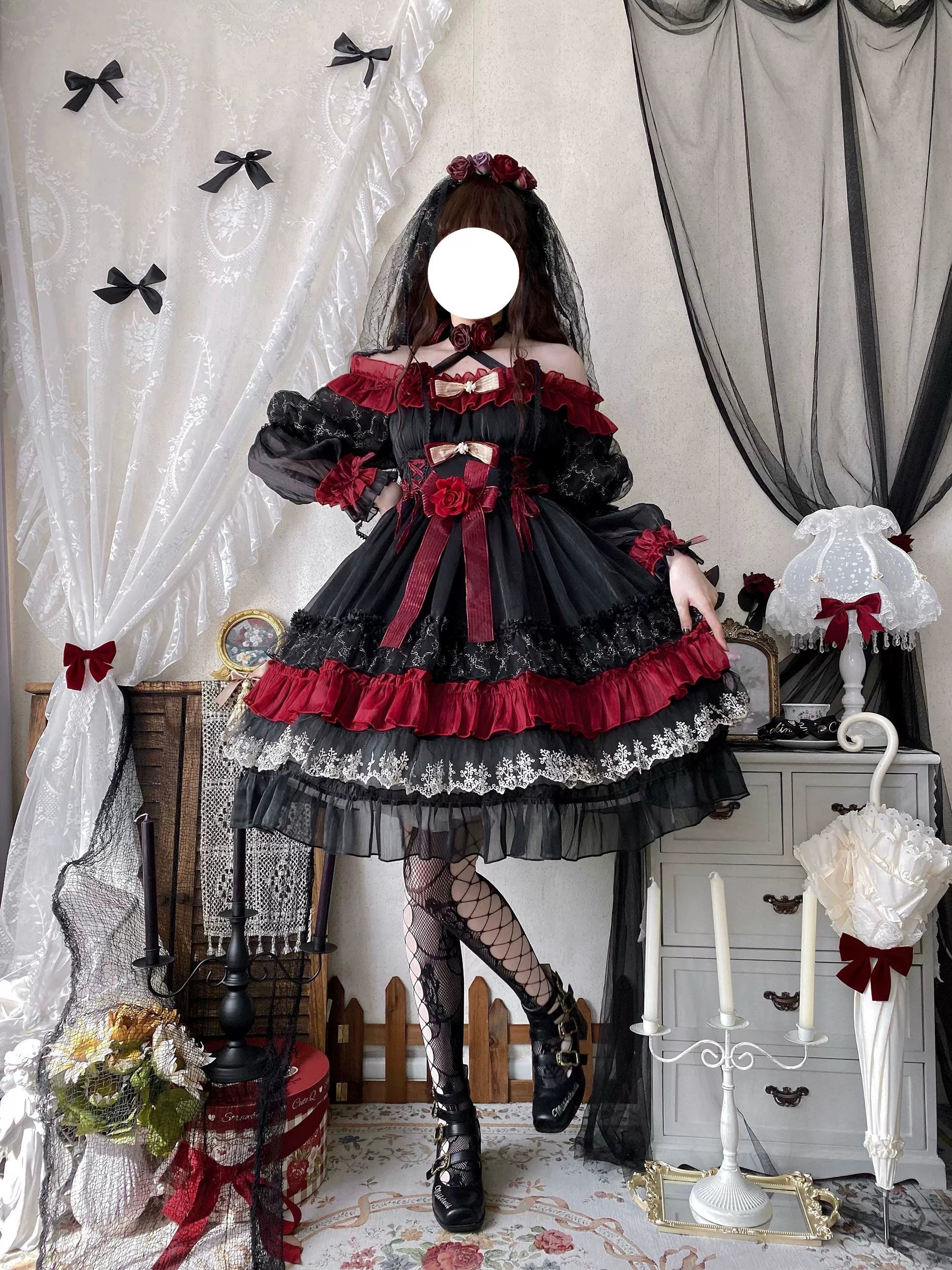 Night of Berea Gothic Lolita OP Dress in Black and Red - image 11