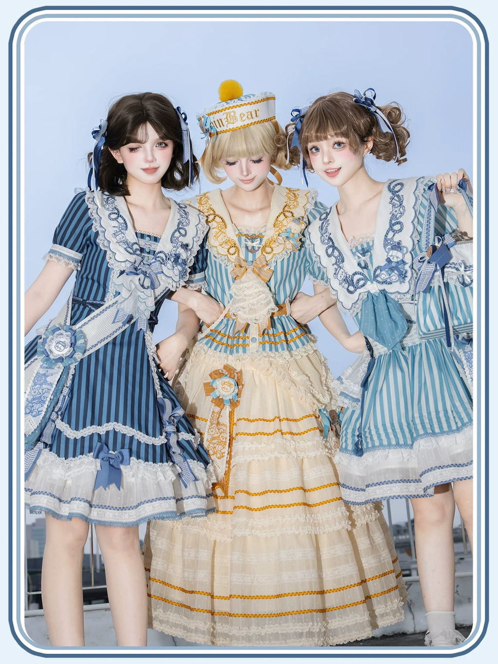 Antique Naval Bear - Striped Classic Lolita Sailor Collar OP, Bear Embroidery - image 12