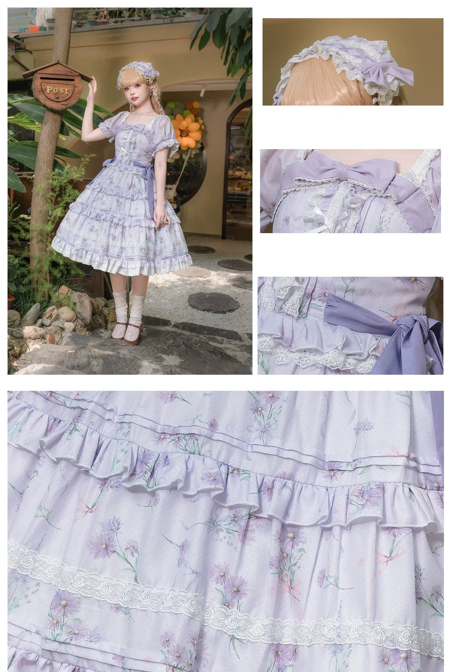 Purple Blossom Romance - Chiffon Classic Lolita OP Dress, Floral Print and Accessories - image 5