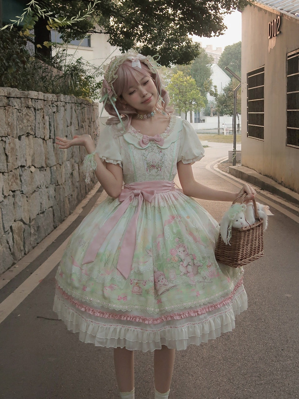 Bamboo Rabbit Pink Green Bunny Floral Print Bow Classic Lolita OP Dress and Accessories - image 5