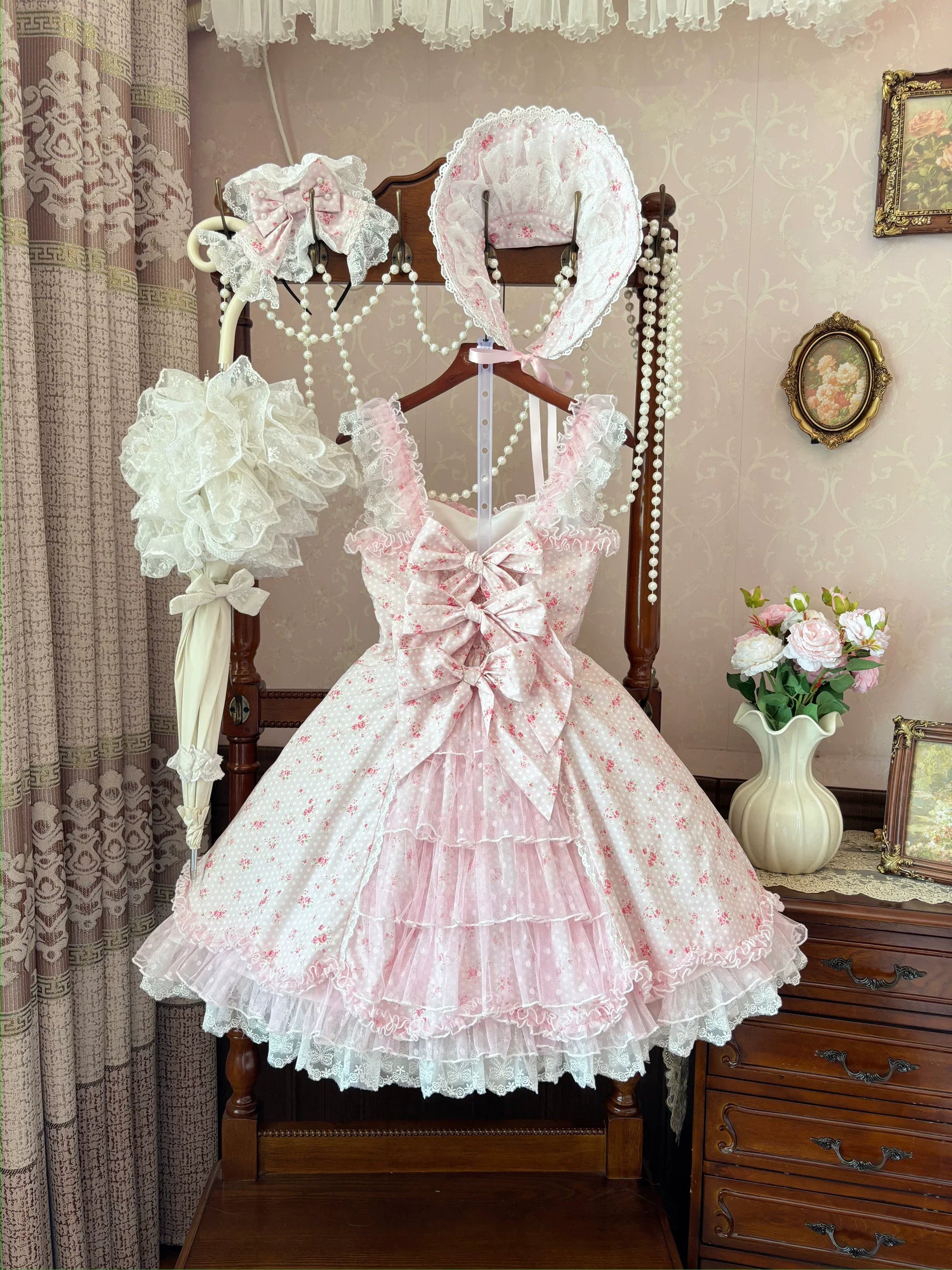 Spring Bud - Old School Lolita Floral Print JSK Dress, Layered Skirt and Accessories - image 4