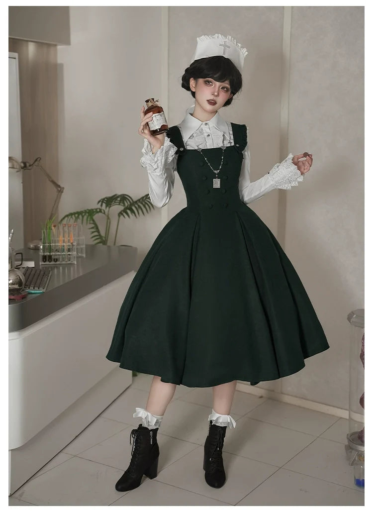 Abyss Clinic - Gothic Lolita Green Dress Set, Embroidery Accent - image 34