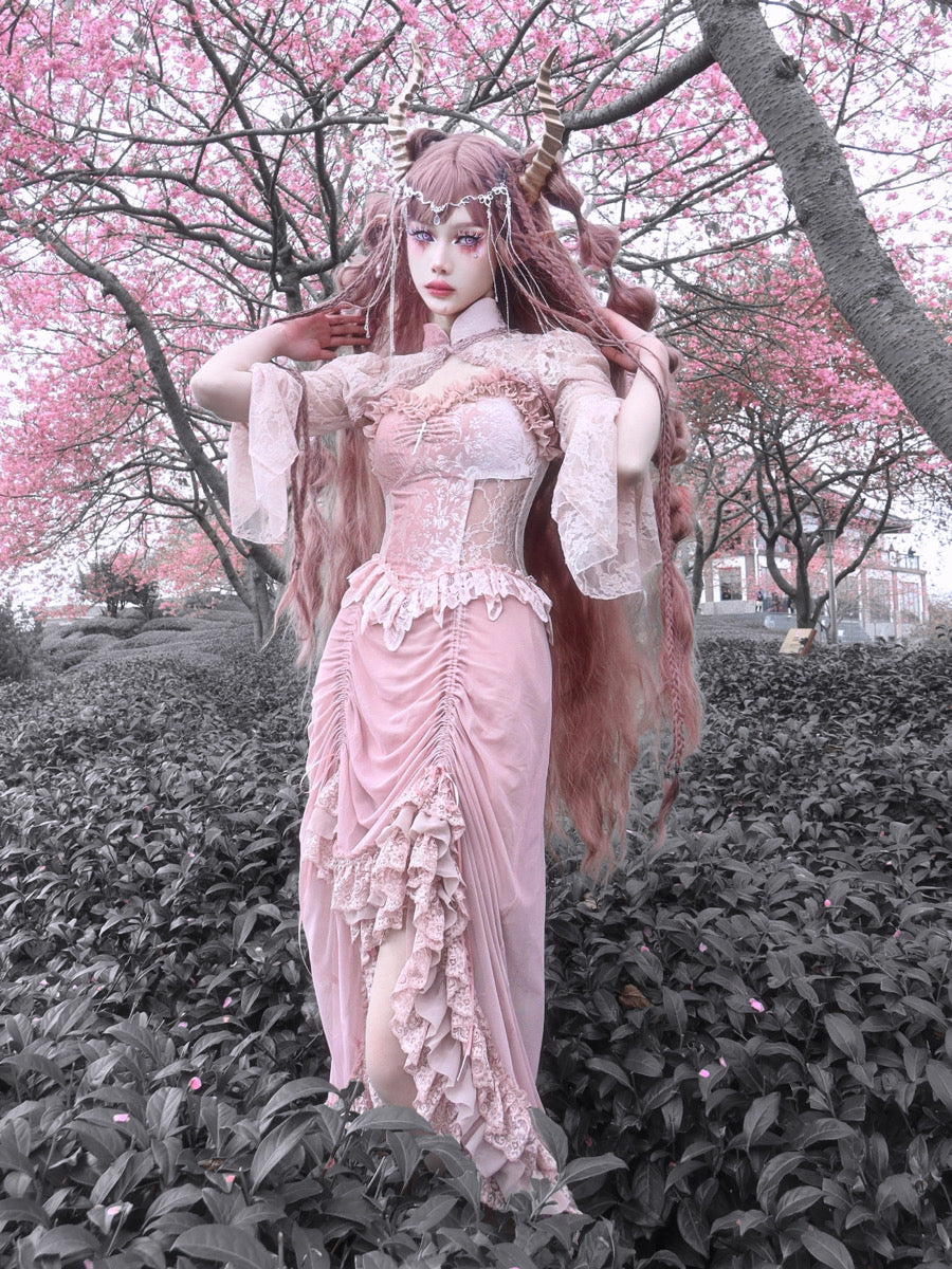 Sakura Nightmare - Pink Gothic Velvet Drawstring Dress - image 9