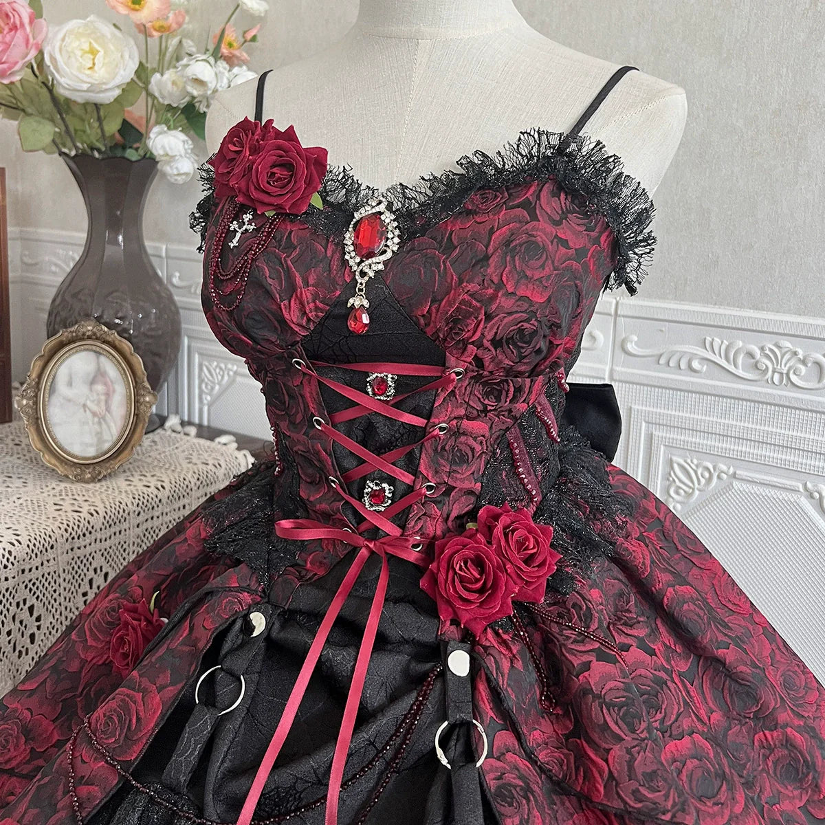 Rose Blood - Black Red Gothic Lolita JSK Jacquard Court Dress - image 21