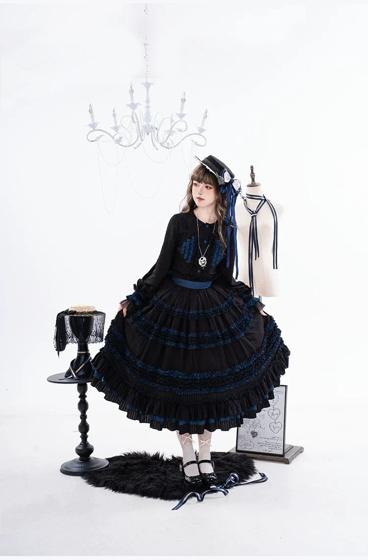 Wings and Bouquet - Dark Classic Lolita Blouse and SK Set, Layered Blue Ruffles - image 21