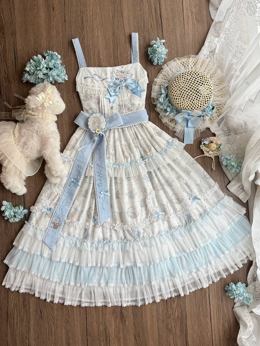Bloom Lamb - Classic Lolita Embroidered JSK Dress, Tiered Hem - image 5