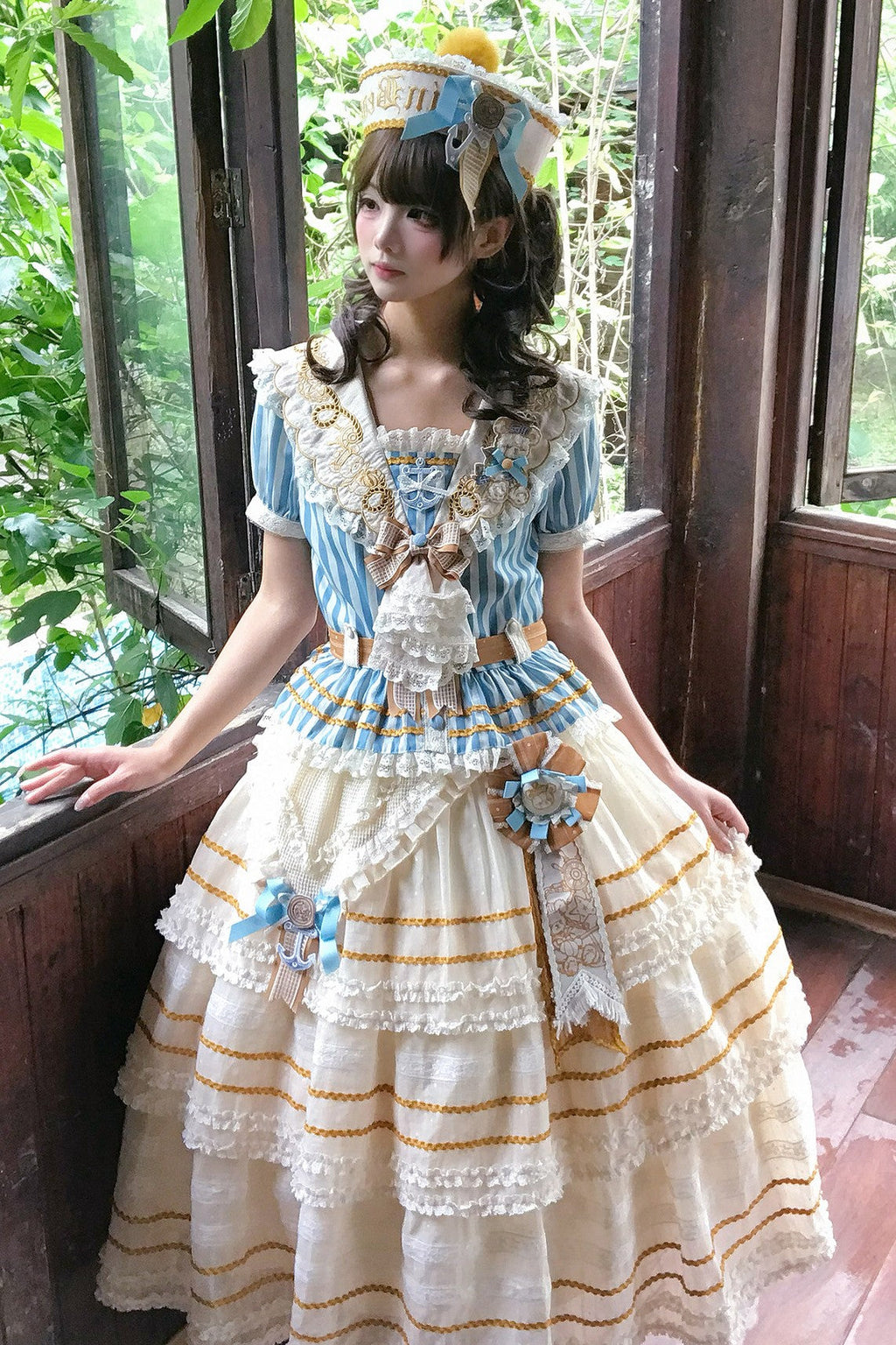 Antique Sailor Bear Blue Stripe Cropped Top Long Skirt Lolita Set - image 8