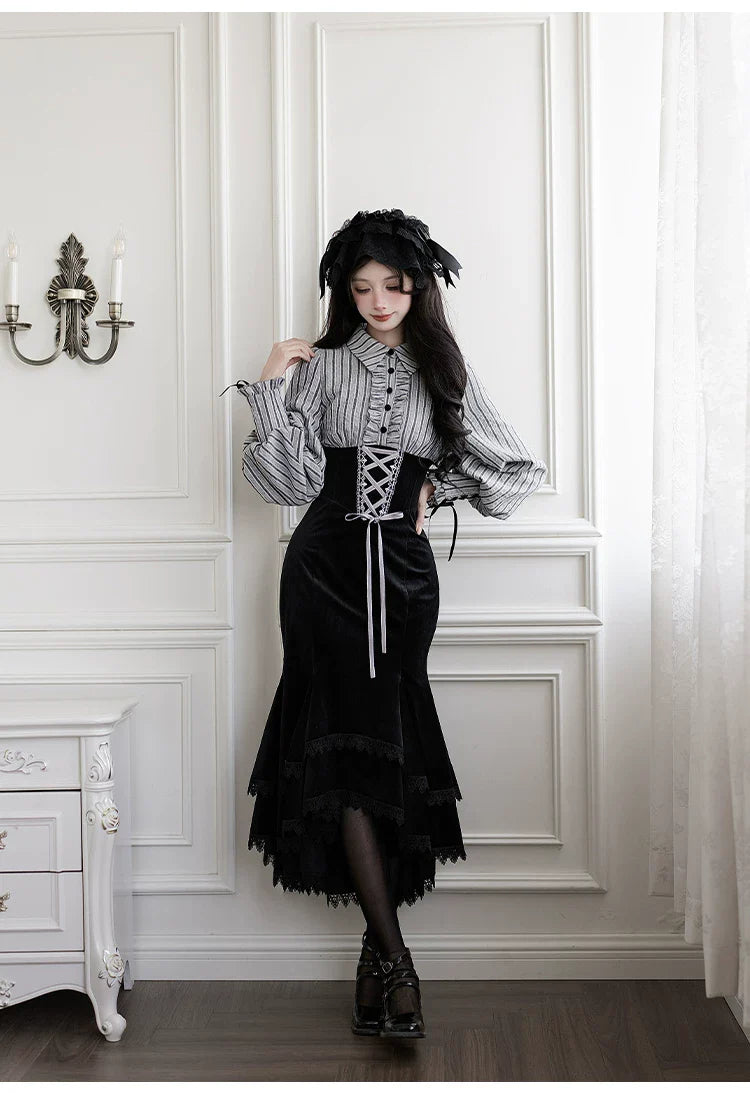 Dusk Moment - Classic Lolita Striped OP & Mermaid Dress Set, Fishbone Waist - image 21