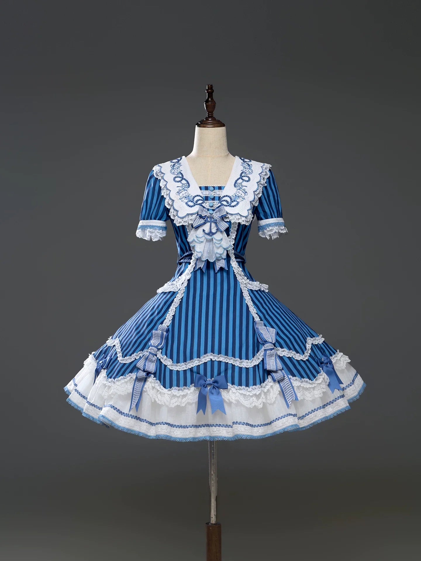 Antique Naval Bear - Striped Classic Lolita Sailor Collar OP, Bear Embroidery - image 2