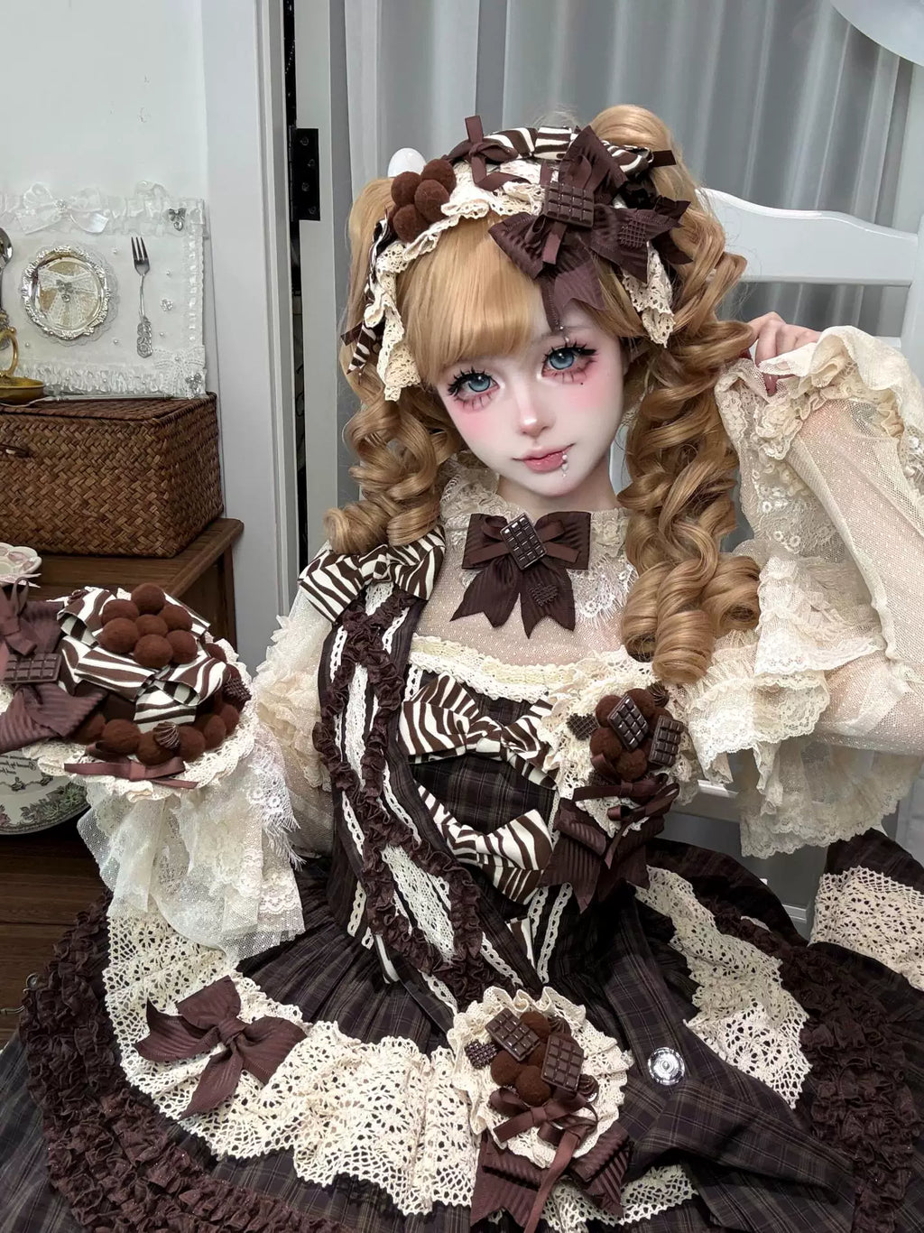 Coco Grace - Plaid Kawaii Lolita JSK Dress, Layered Ruffle & Bow and Accessories - image 12