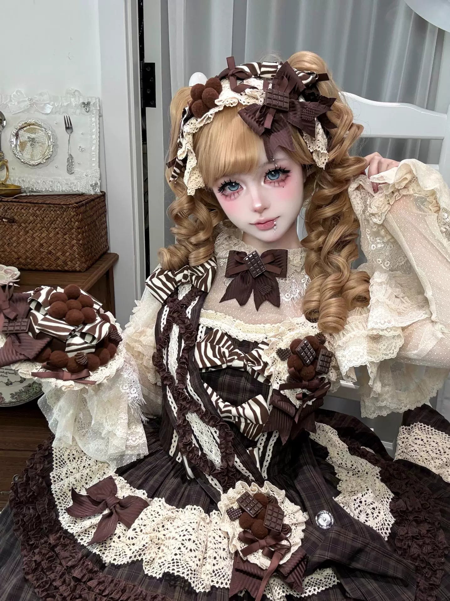 Coco Grace - Plaid Kawaii Lolita JSK Dress, Layered Ruffle & Bow and Accessories - image 12