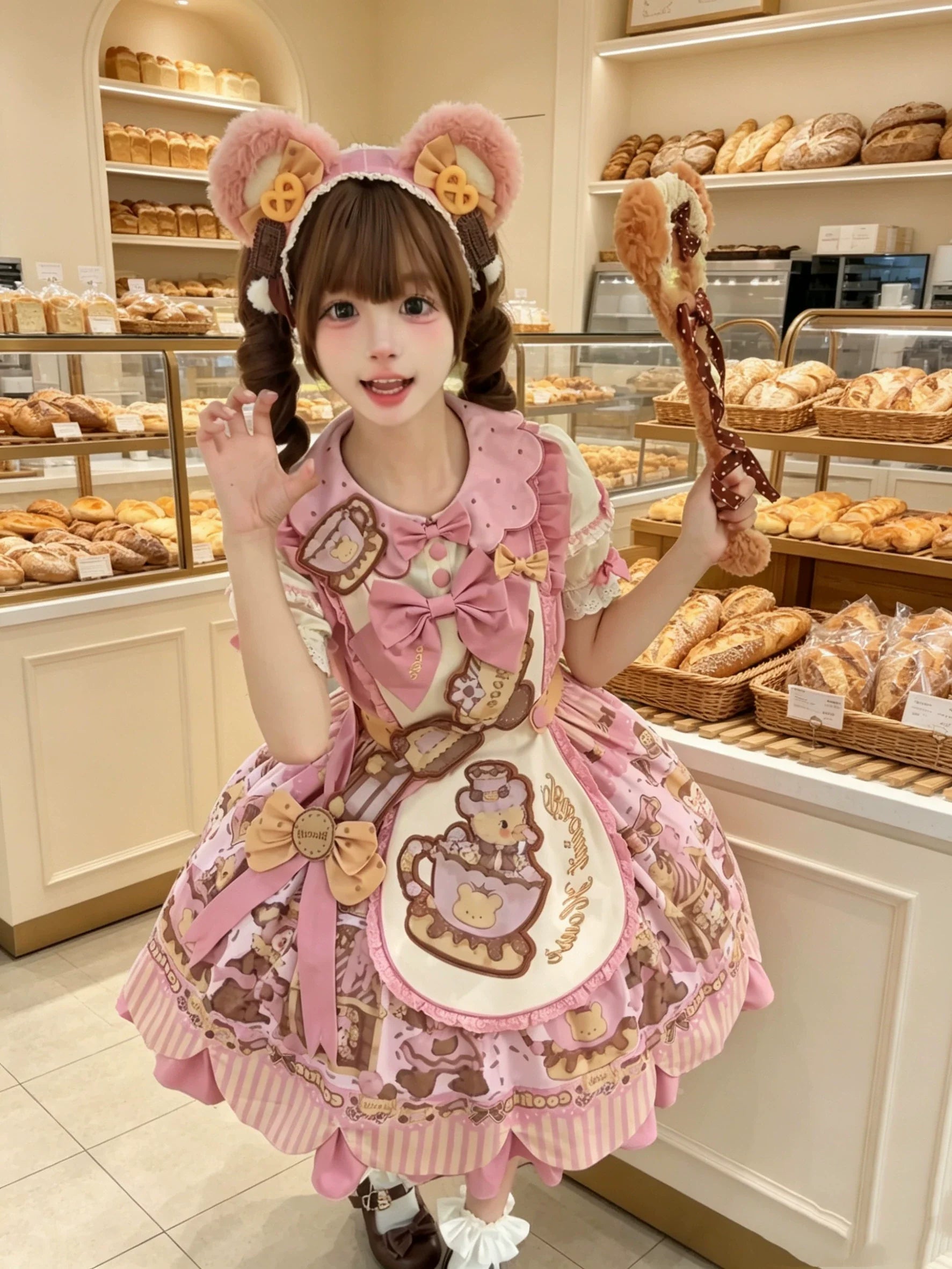 Bear Biscuit SP - Kawaii Lolita Bear Printed Dress Set with Bows - image 25