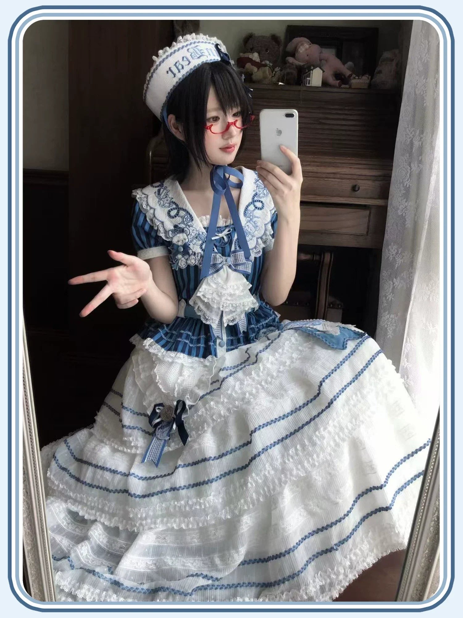 Antique Naval Bear - Striped Classic Lolita Sailor Collar OP, Bear Embroidery - image 18
