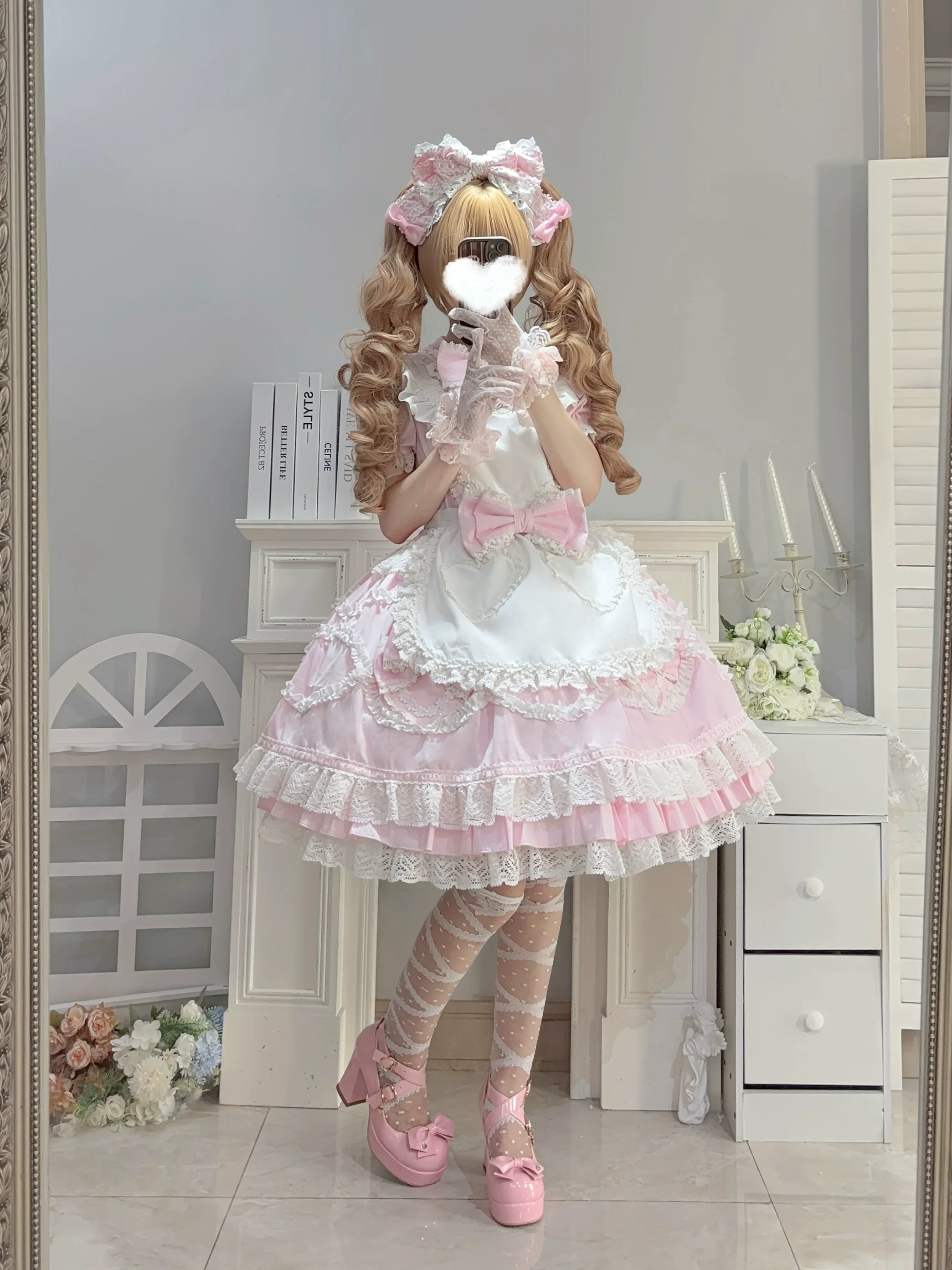 Creamy Sweet Bunny - Cotton Old School Lolita Bunny Ear OP Dress with Bows and Accessories - image 5