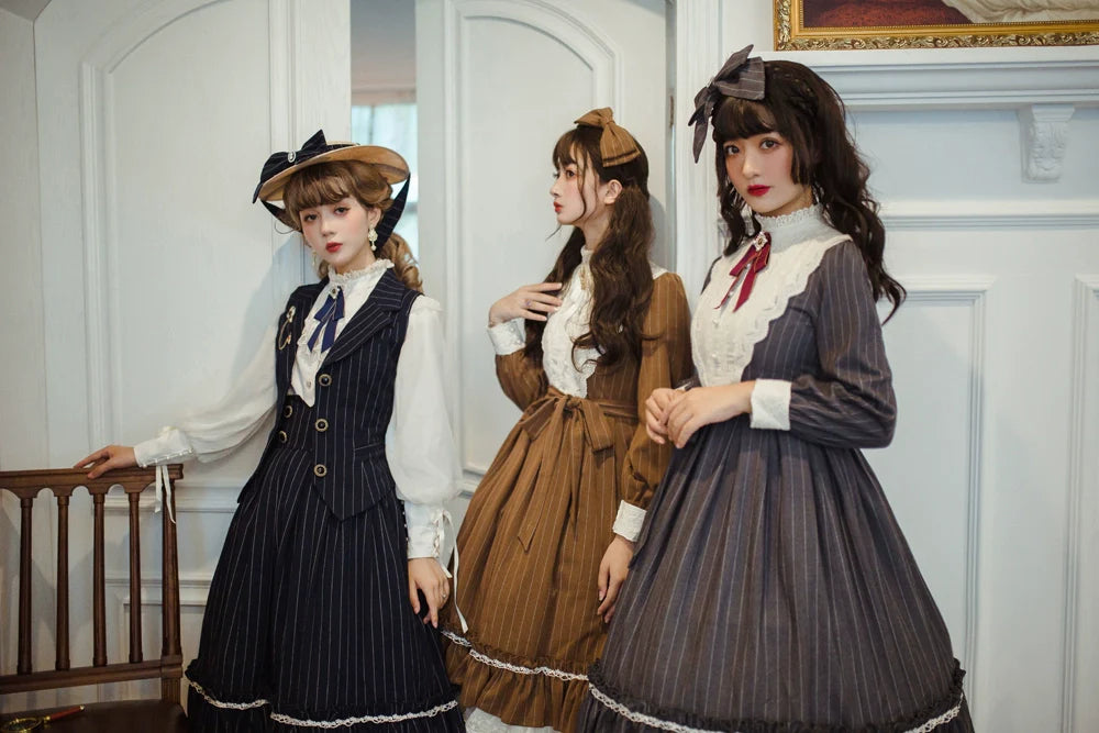 Rose Doll - Elegant Lolita Striped Fishbone Skirt - image 2