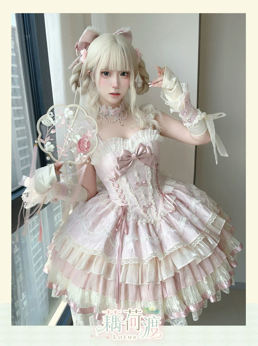 Lotus Crossing - Sweet Lolita Tiered Hem JSK Dress with Satin Bow and Accessories - image 15