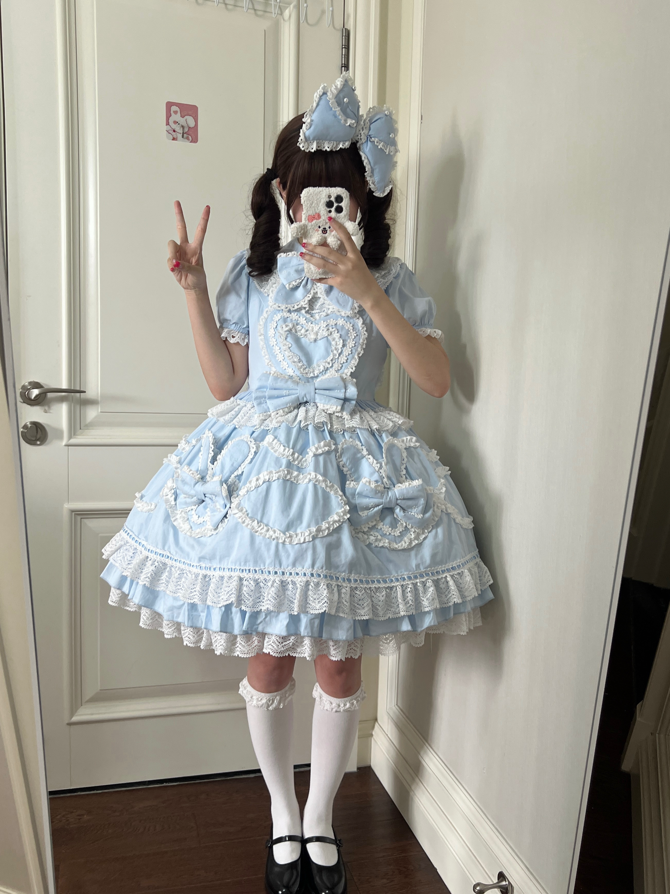 Creamy Sweet Bunny - Cotton Old School Lolita Bunny Ear OP Dress with Bows and Accessories - image 10